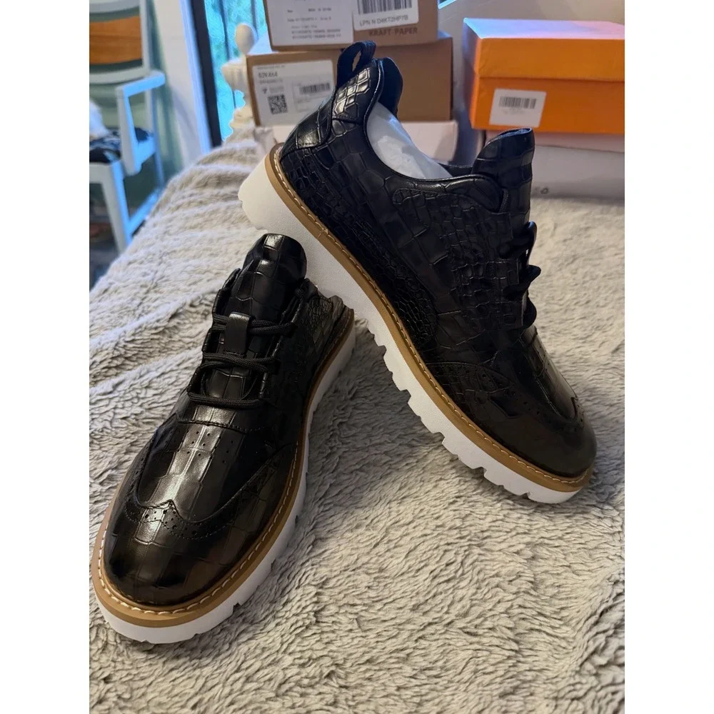 Mens Black Crocodile Embossed Wingtip Brogue Lug Sole Dress Shoes 9.5 60818